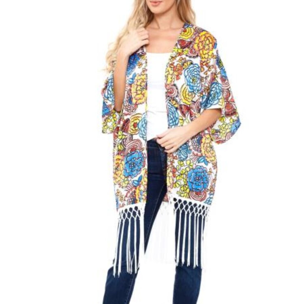 White Mark Women's Printed Fringe Kimono In Red/Yellow New With Tags One Size